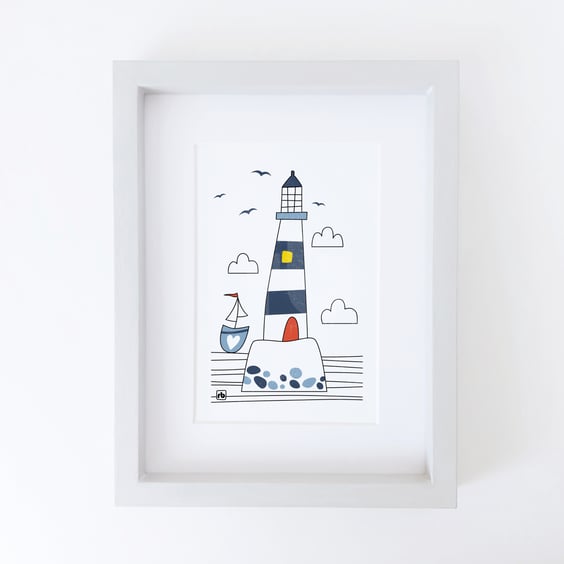 Rounding The Lighthouse, sailing boat, Giclee coastal print