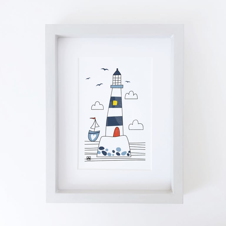 Rounding The Lighthouse, sailing boat, Giclee coastal print