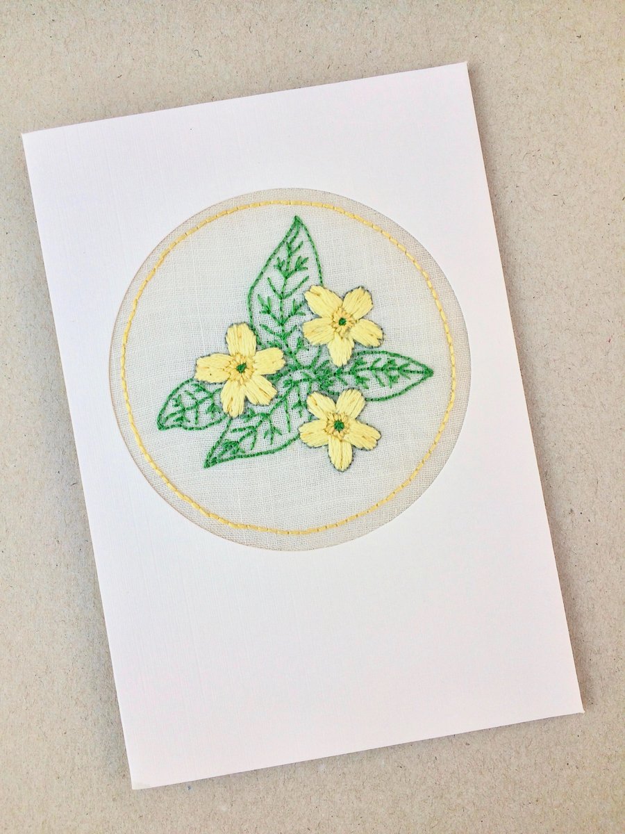 February Birthday. Embroidered Primrose Card. Mothers Day. Easter!