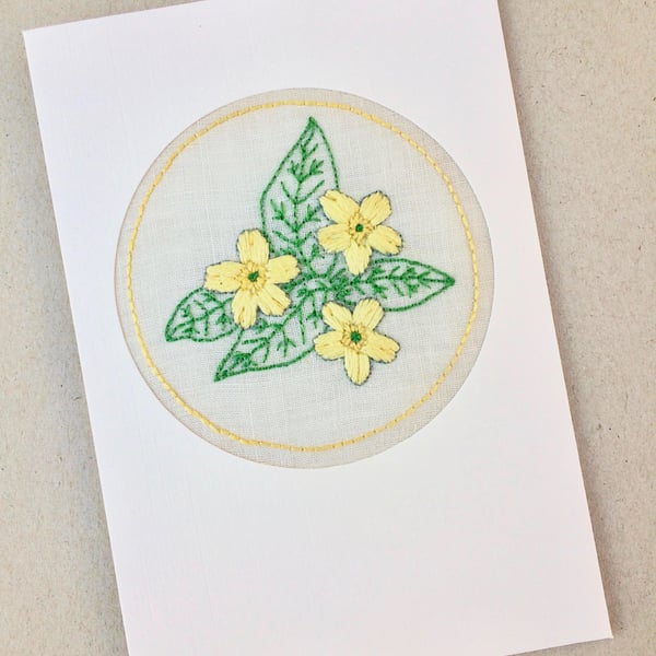 February Birthday. Embroidered Primrose Card. Mothers Day. Easter!