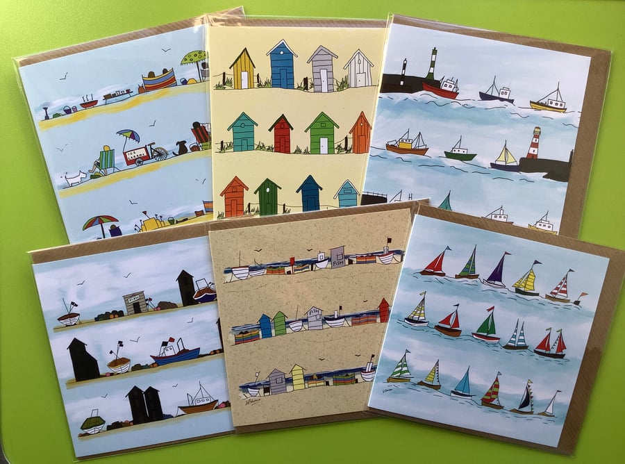 Pack of 6 greetings cards - blank inside - Beach huts, boats and the seaside.
