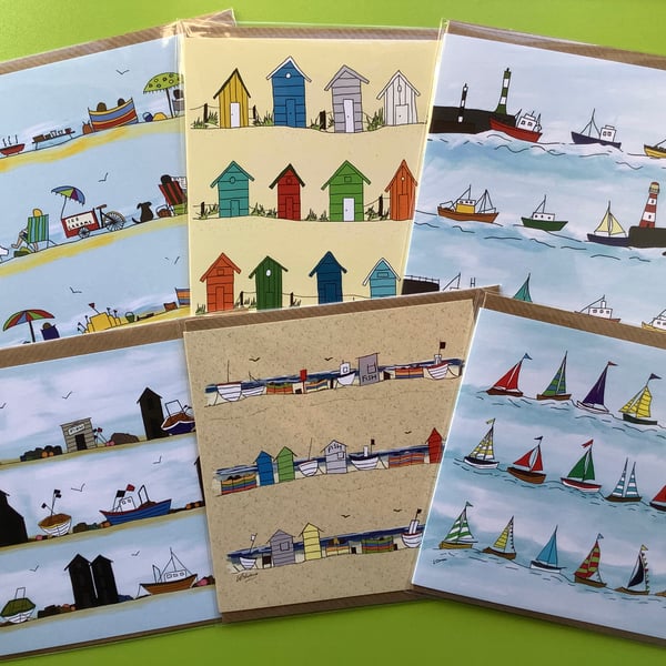 Pack of 6 greetings cards - blank inside - Beach huts, boats and the seaside.