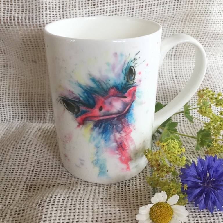 Ostrich Watercolour Bone China Mug, China Cup, Wildlife Art Mug by Watercolour A