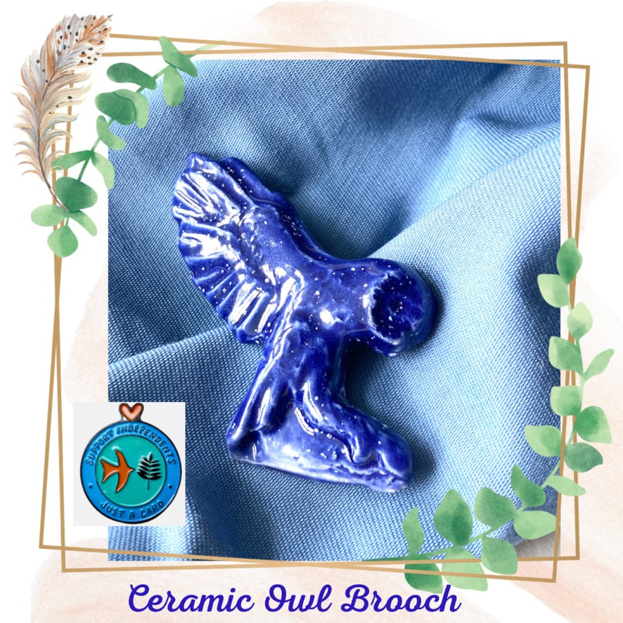 Ceramic Owl Brooch Moonlit Blue