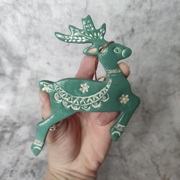 Rustic Nordic Reindeer Ornament, Handmade Christmas Yuletide Hanging Clay Decor
