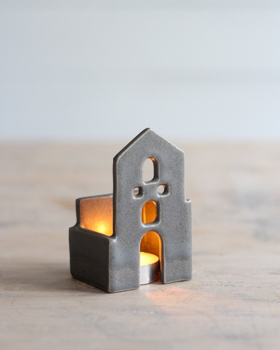 Cornish Tin Mine Tea Light Pottery Ornament - Granite - Grey Glaze