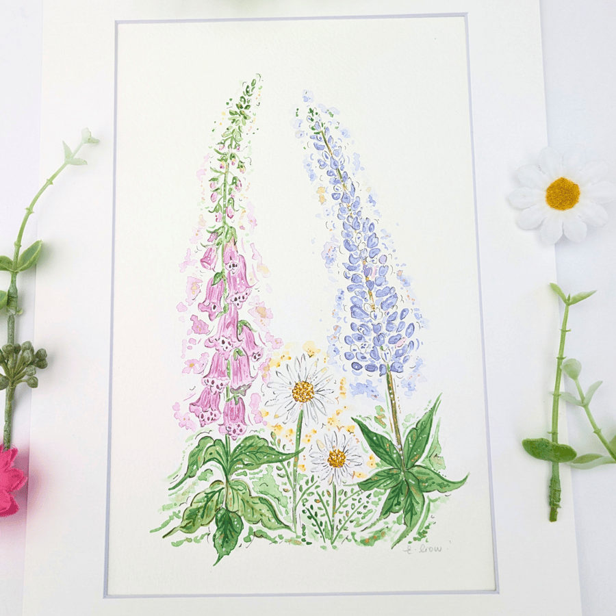 Foxglove, Daisy and Lupin original watercolour flower painting