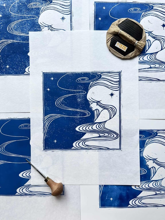 Linocut print: woman and galaxy, whimsical wall art, paper size customisable