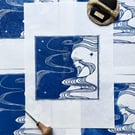 Linocut print: woman and galaxy, whimsical wall art, paper size customisable