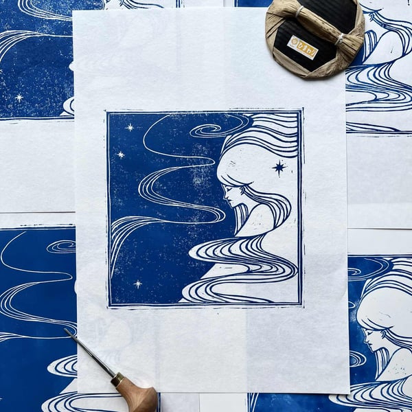 Linocut print: woman and galaxy, whimsical wall art, paper size customisable