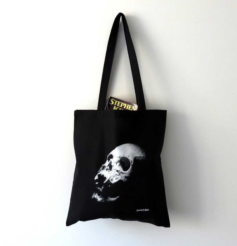 Realistic human skull black tote bag, limited edition screen print unisex gift