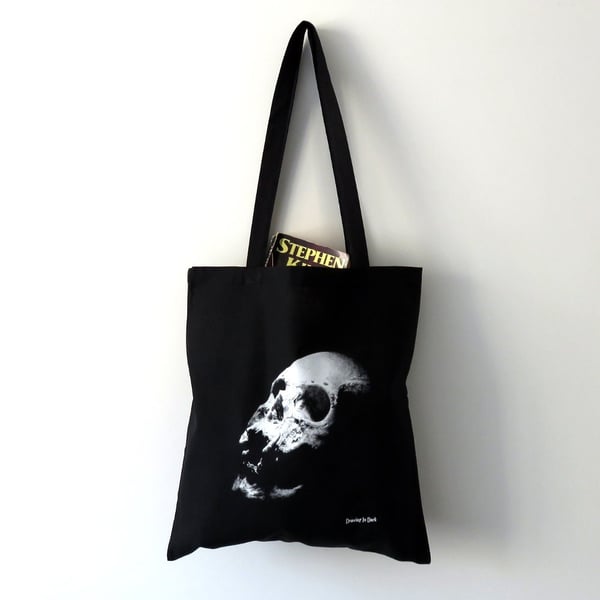 Realistic human skull black tote bag, limited edition screen print unisex gift
