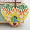 Ceramic heart hanging decoration Pottery Heart with bird Tropical design