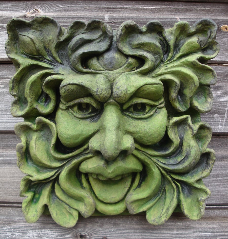 Square Green Man Plaque or Fountain Mask plus Free Pocket Green Man