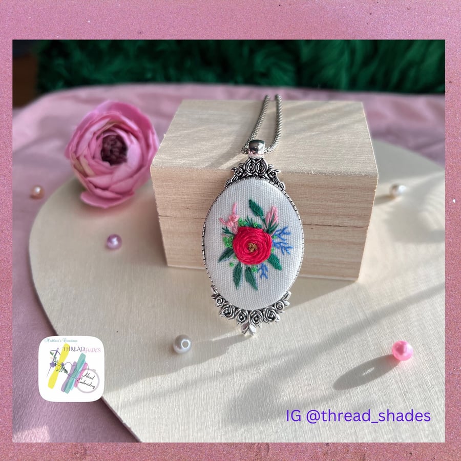 Hand embroidered pendant, embroidery necklace, handmade jewelry, rose embroidery
