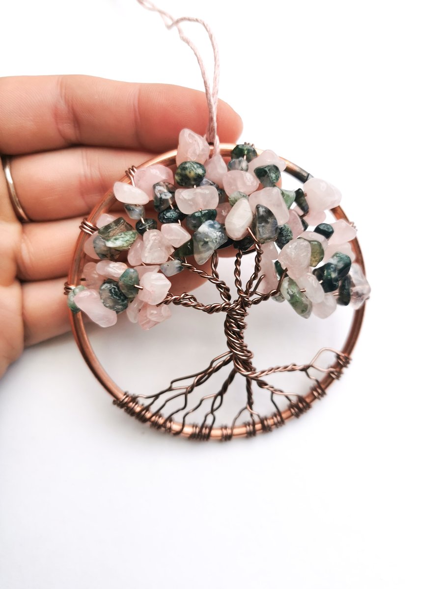 Tree of life wall hanging, rose quartz sun catcher 