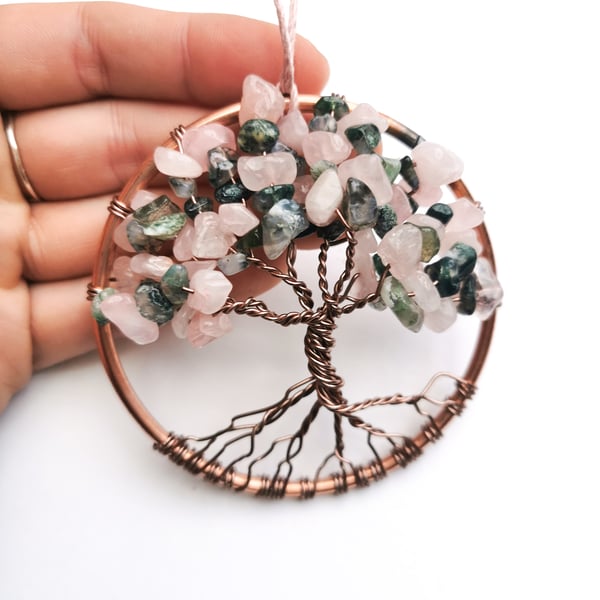 Tree of life wall hanging, rose quartz sun catcher 