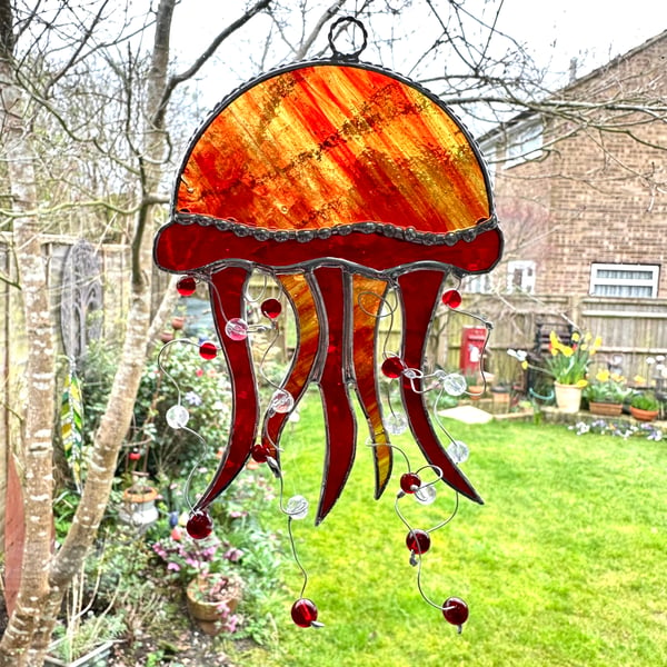 Stained Glass Jellyfish Suncatcher - Handmade Hanging Decoration - Red