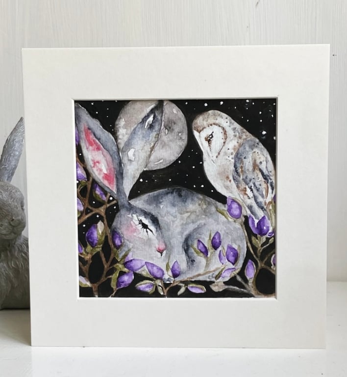 Mounted Original Testing Hare Rabbit with Owl in Moonlight Watercolour 