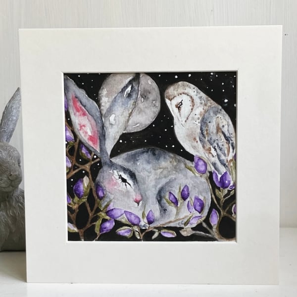 Mounted Original Testing Hare Rabbit with Owl in Moonlight Watercolour 