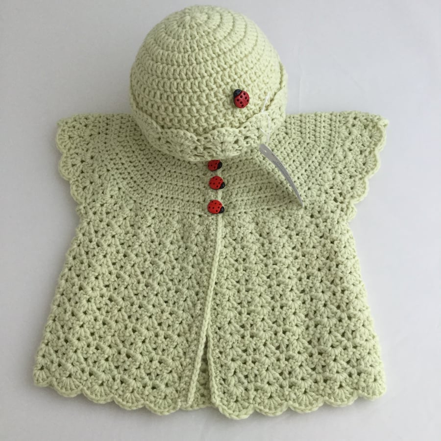 Crochet Sleeveless Baby Cardigan and Hat in Pale Green