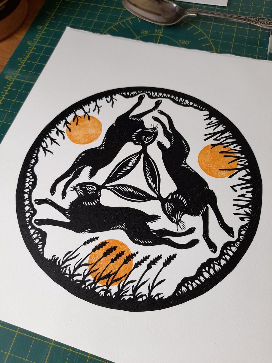Three Hares - original lino print with Tinners' Rabbits
