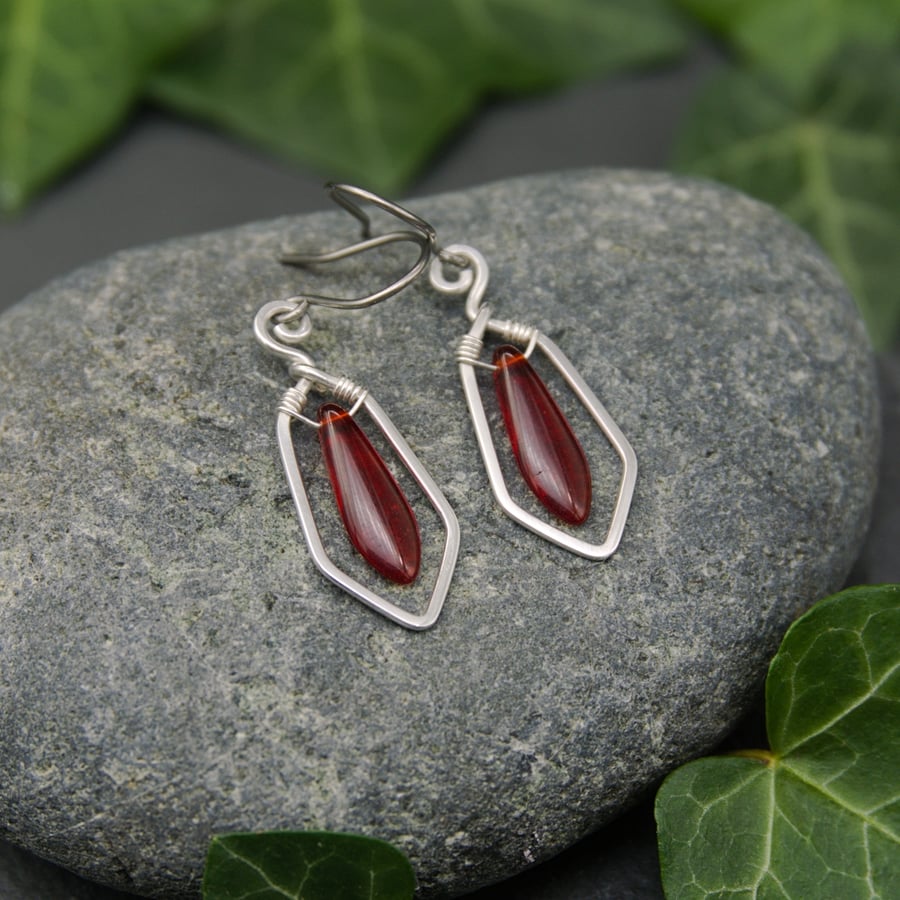 Hammered Sterling Silver Earrings with Red Glass Dagger Beads