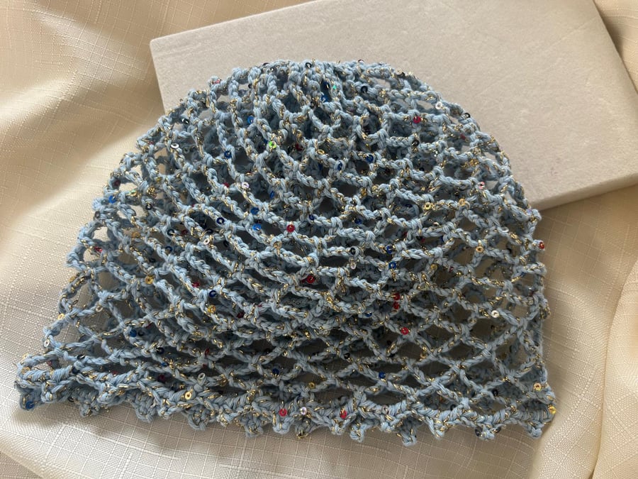 Handcrafted 100% Cotton Light Blue Sequined Crochet Beanie, Sequin Knit Hat