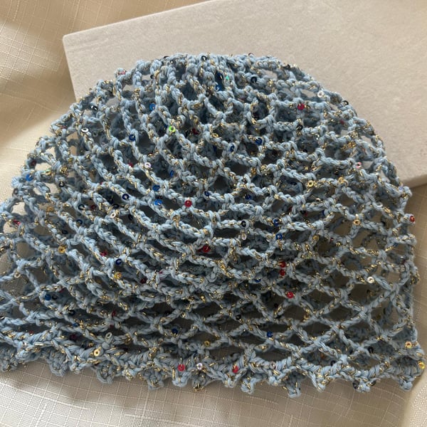 Handcrafted 100% Cotton Light Blue Sequined Crochet Beanie, Sequin Knit Hat