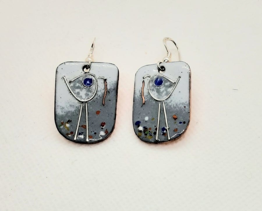 LONG LEGGED BIRD WITH WORM EARRINGS - ENAMELLED COPPER & SILVER