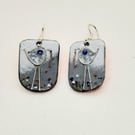 LONG LEGGED BIRD WITH WORM EARRINGS - ENAMELLED COPPER & SILVER