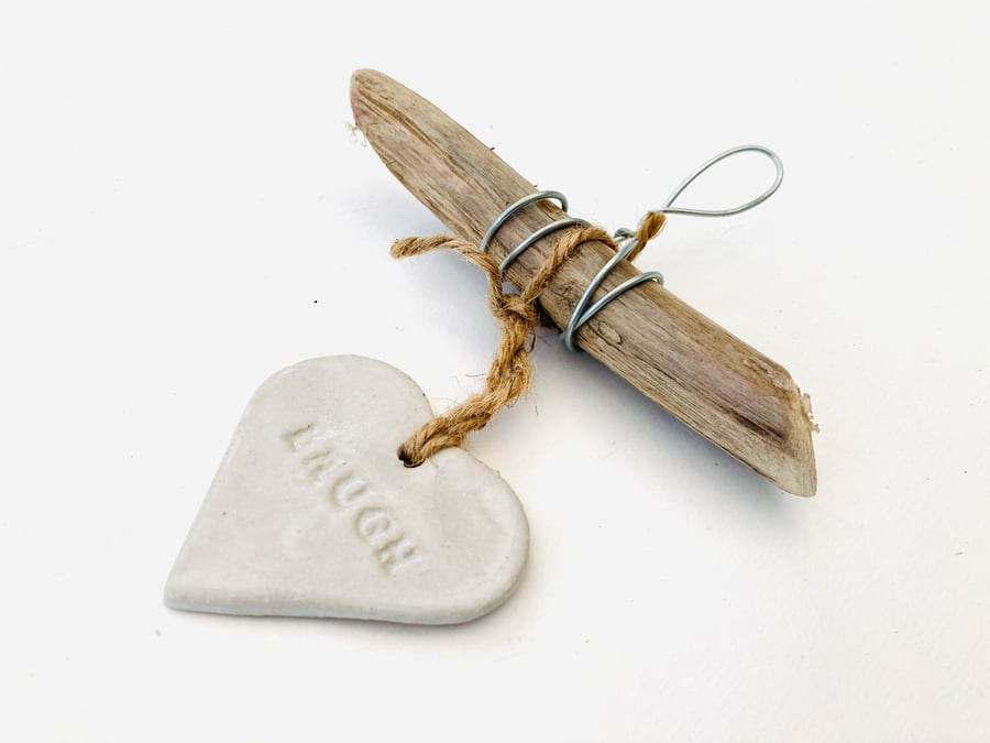 Handmade Driftwood, Loveheart hanger, pottery, gift idea, birthday, clay, 