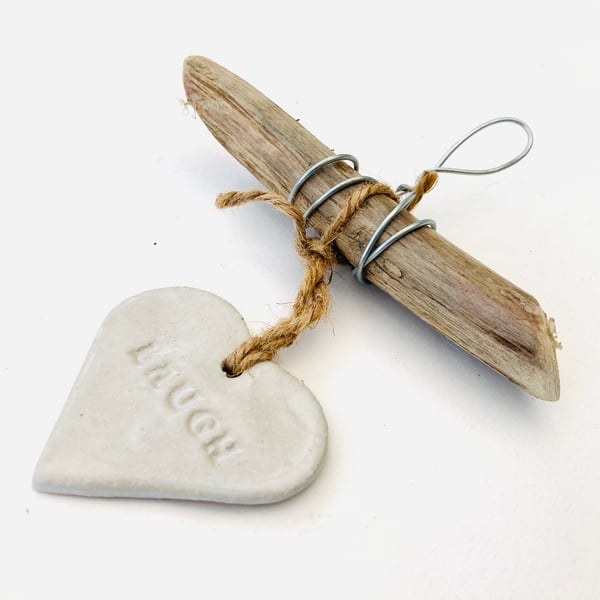 Handmade Driftwood, Loveheart hanger, pottery, gift idea, birthday, clay, 