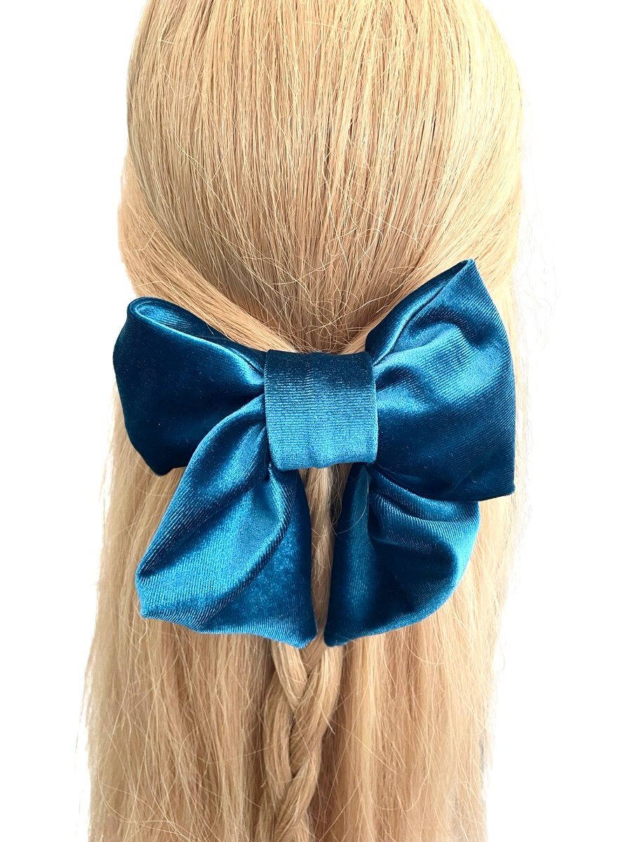  Luxury petrol blue velvet hair bow barrette clip for women oversized short tail