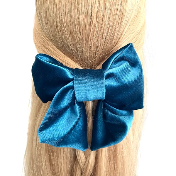 Luxury petrol blue velvet hair bow barrette clip for women oversized short tail