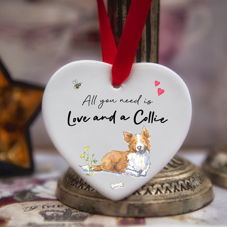 Love and a Collie Tan & White Ceramic Heart
