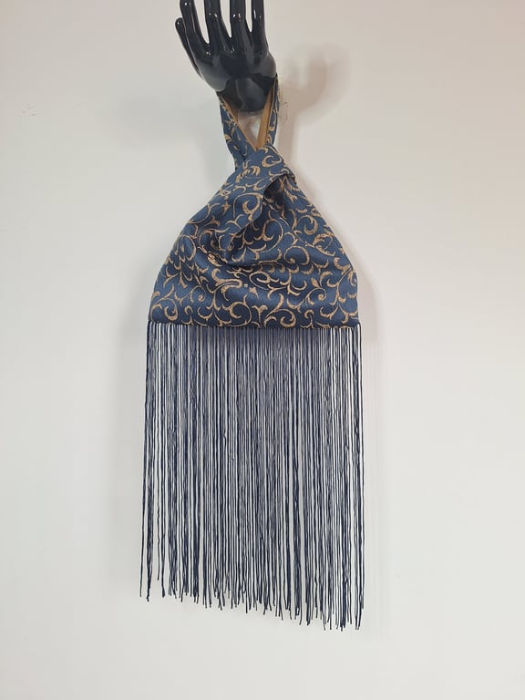 Navy with gold patterned Japanese Knot bag with 30cm tassel trim  