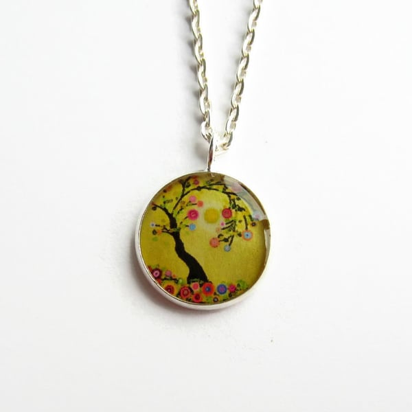 Yellow Tree of Life Necklace, Multicoloured Picture Pendant, 18mm