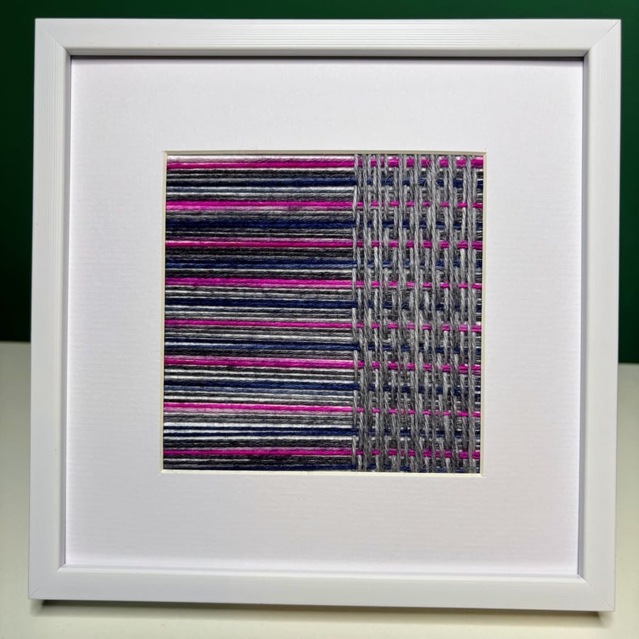 Pink, Navy and Grey Woven Yarn Art – Handmade Framed Textile Wall Art