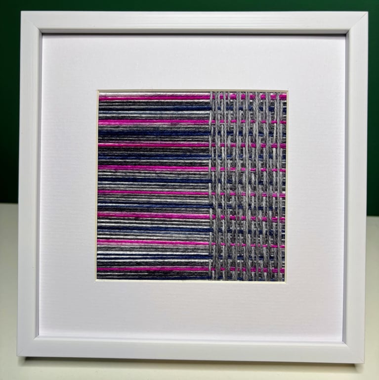 Pink, Navy and Grey Woven Yarn Art – Handmade Framed Textile Wall Art
