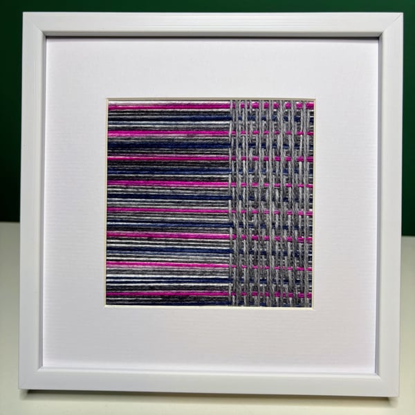 Pink, Navy and Grey Woven Yarn Art – Handmade Framed Textile Wall Art