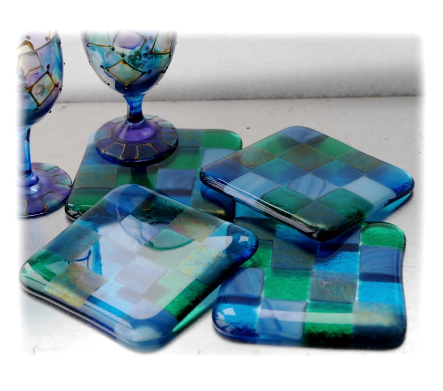 Fused Glass Coaster 8cm Aqua Patchwork 