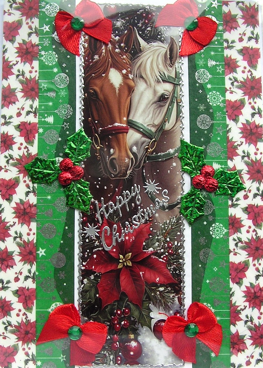 Hand Crafted Decoupage Chistmas Card - Happy Christmas (3380) - Pony Horses