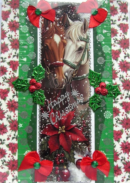 Hand Crafted Decoupage Chistmas Card - Happy Christmas (3380) - Pony Horses