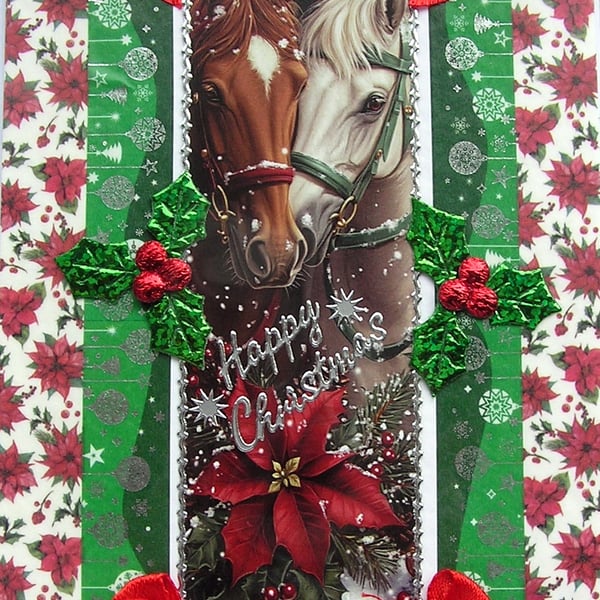 Hand Crafted Decoupage Chistmas Card - Happy Christmas (3380) - Pony Horses