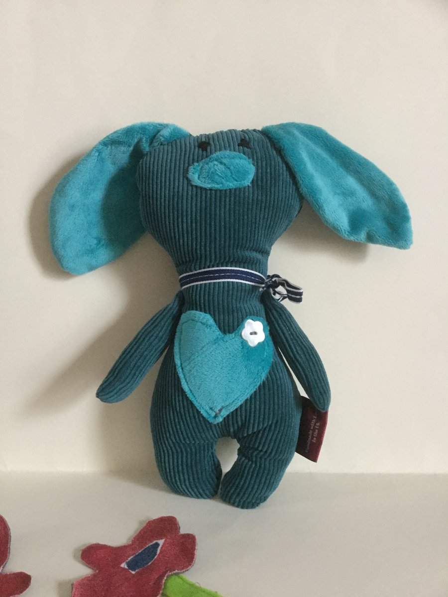  Jade Corduroy Bunny, Handmade Floppy Eared Plushie Bunny with heart,