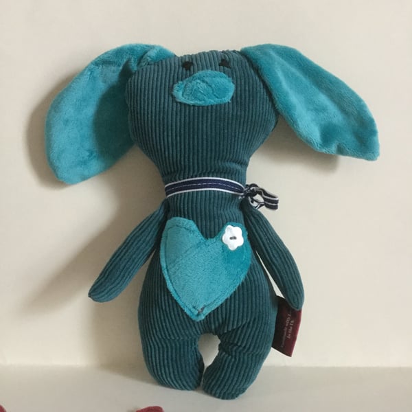  Jade Corduroy Bunny, Handmade Floppy Eared Plushie Bunny with heart,