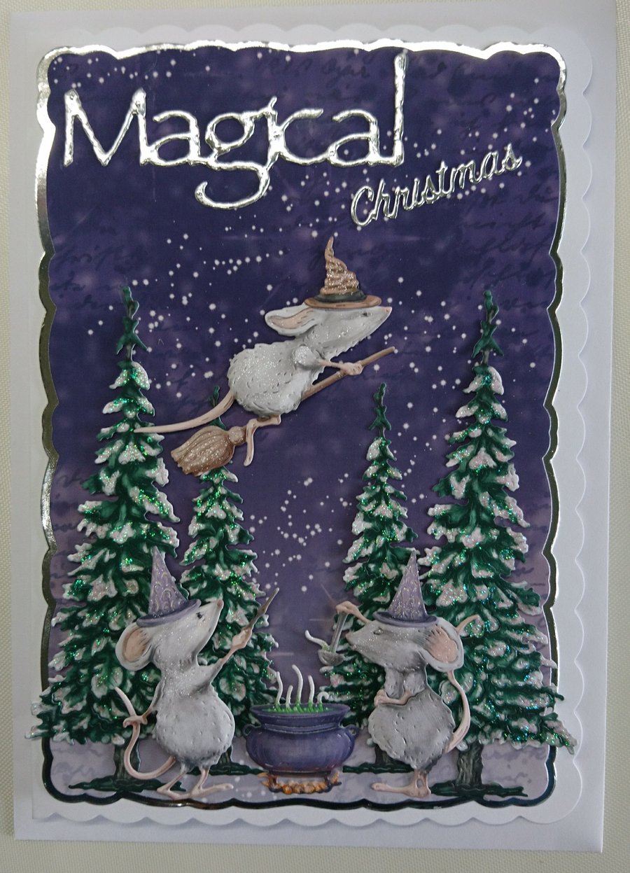 Christmas Card Have a Magical Christmas Cute Pagan Witch Mice 3D Luxury Handmade
