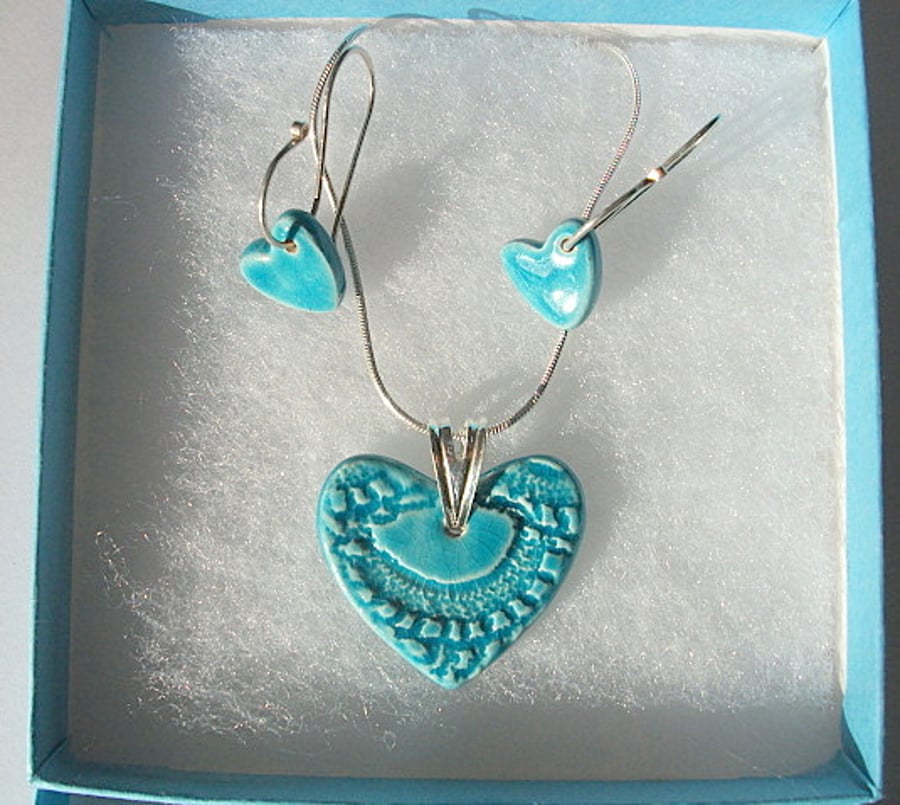 Ceramic necklace and earring set -  sterling silver - Gift boxed