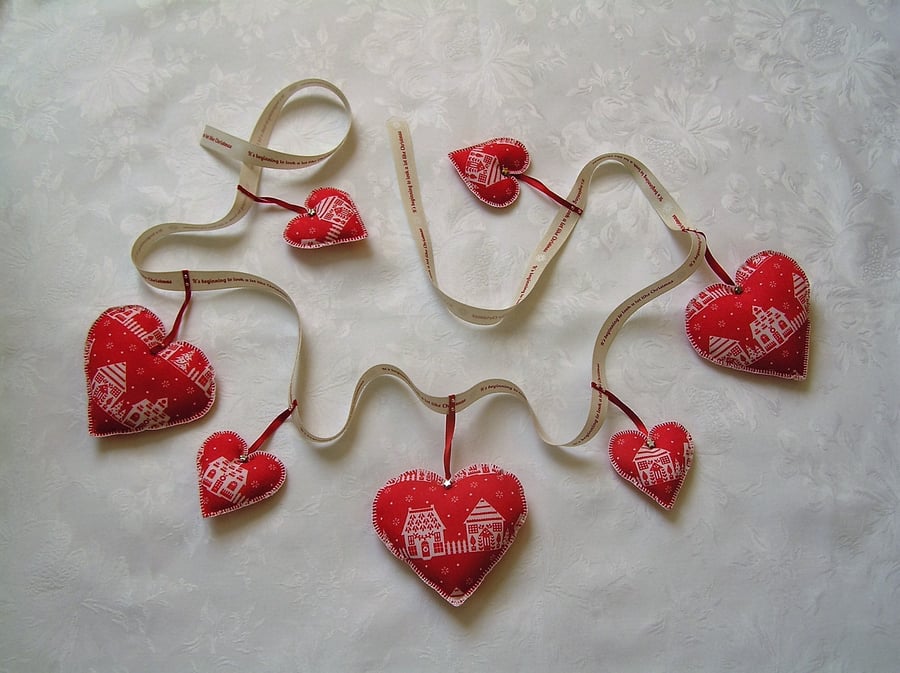 Christmas bunting, red and white Scandinavian style garland, hand stitched